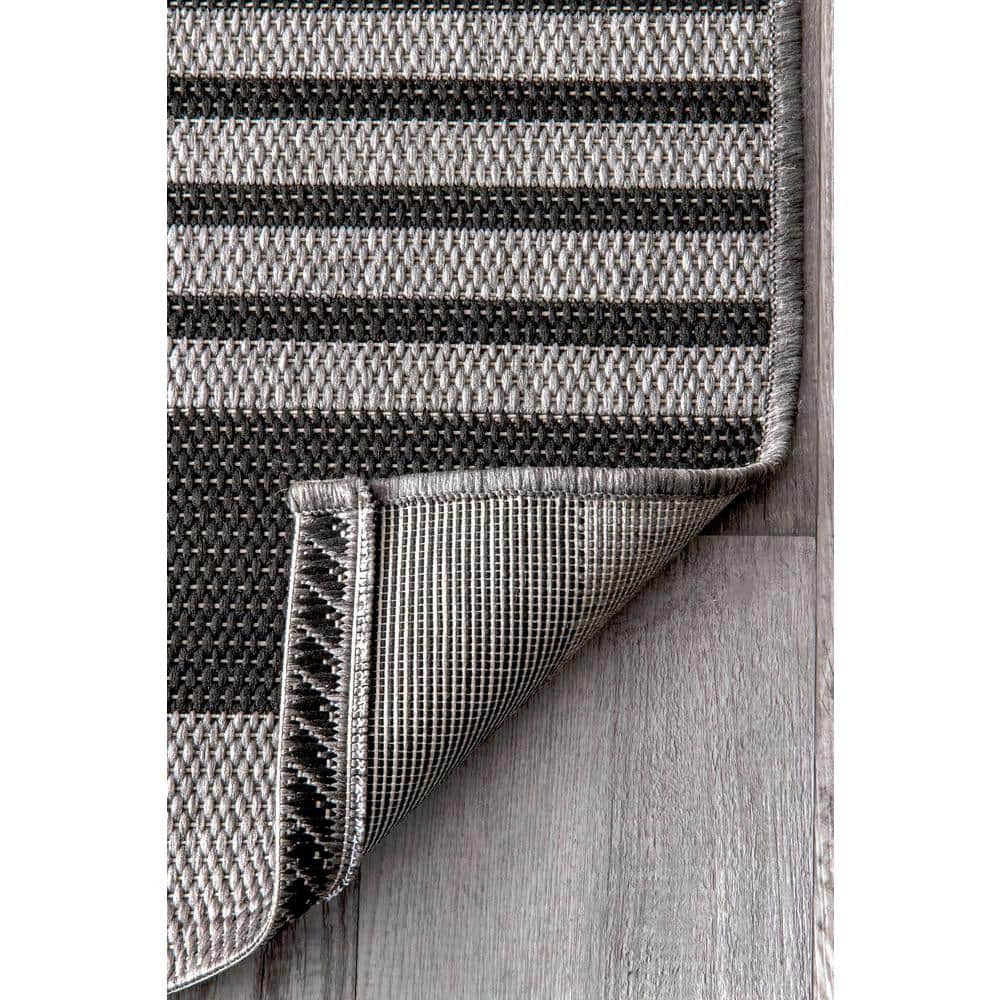 Gray and Black Striped Synthetic Indoor/Outdoor Rug
