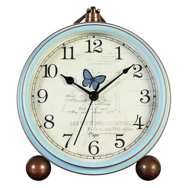 European Style Retro Blue Analog Metal Non-Tickin Table Clock
