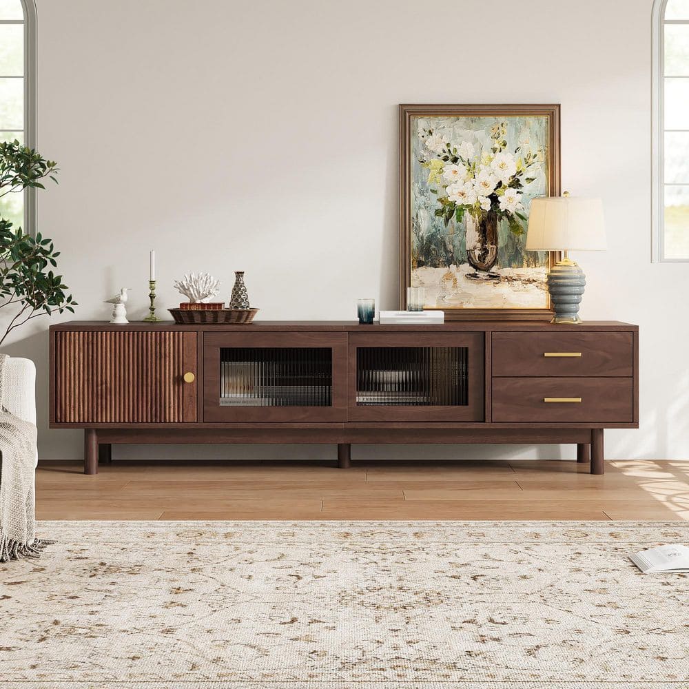 Modern Dark Brown TV Stand Fits TVs up to 80 in. with Glass Sliding Doors and 2 Drawers