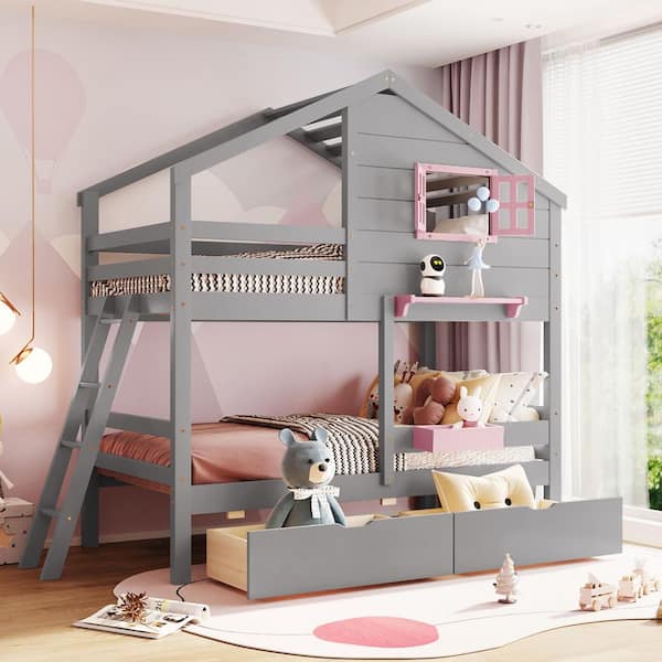 Qualler Gray Twin Over Twin House Bunk Bed with Window and 2-Drawers