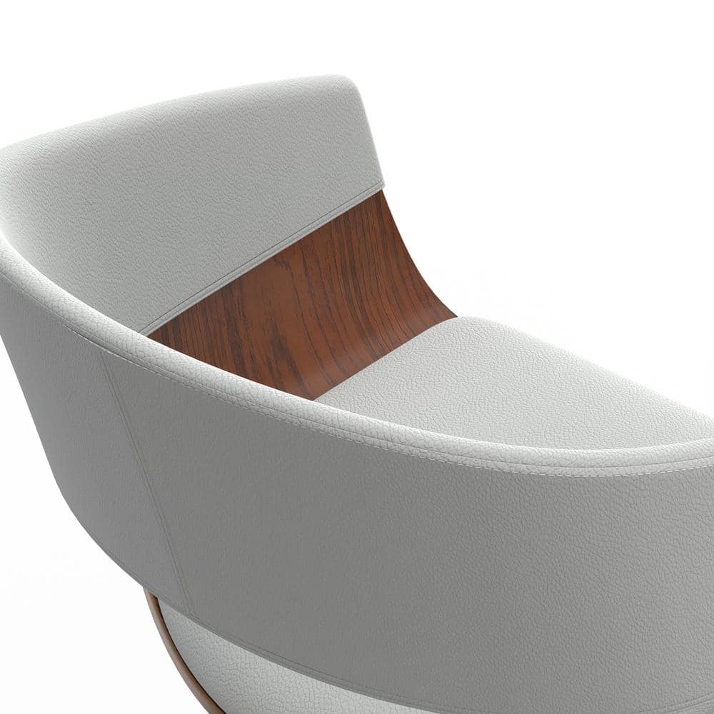 White Faux Leather Adjustable Swivel Bar Stool with Wood Accents