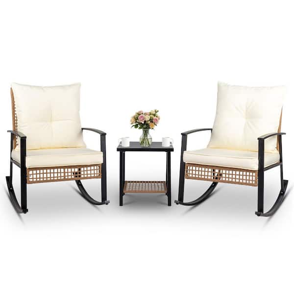 3-Piece Wicker Patio Conversation Set with Beige Cushions