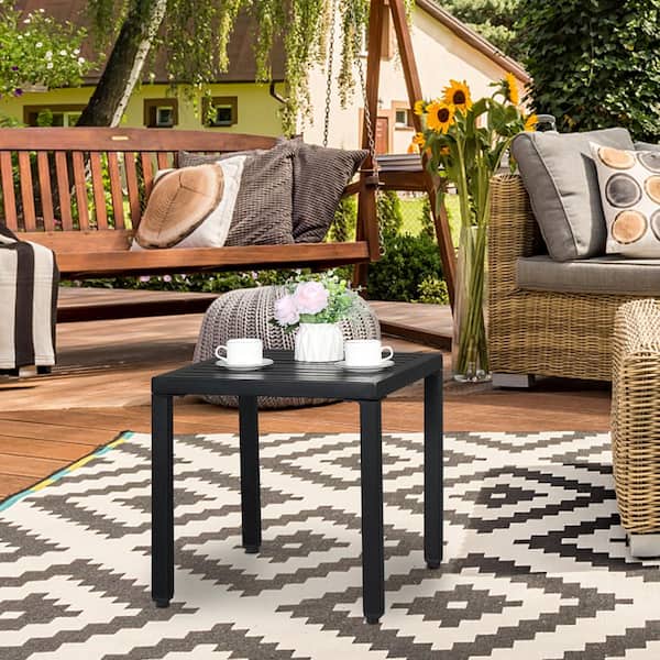 Black Square Metal Outdoor Side Table with Leveling Screws Patio Side Table