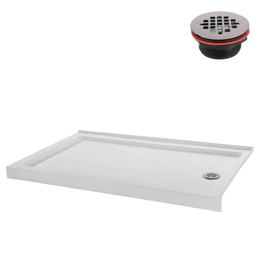 Glossy White Rectangular Acrylic Shower Base with Round Drain