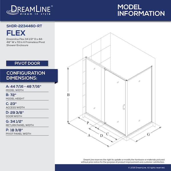 Flex 34-1/2 in. D x 44-48 in. W x 72 in. H Semi-Frameless Pivot Shower Enclosure in Brushed Nickel