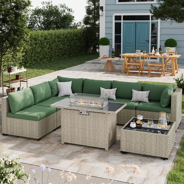 8 piece Modular Patio Conversation Sets with Cushions and Fire Pit