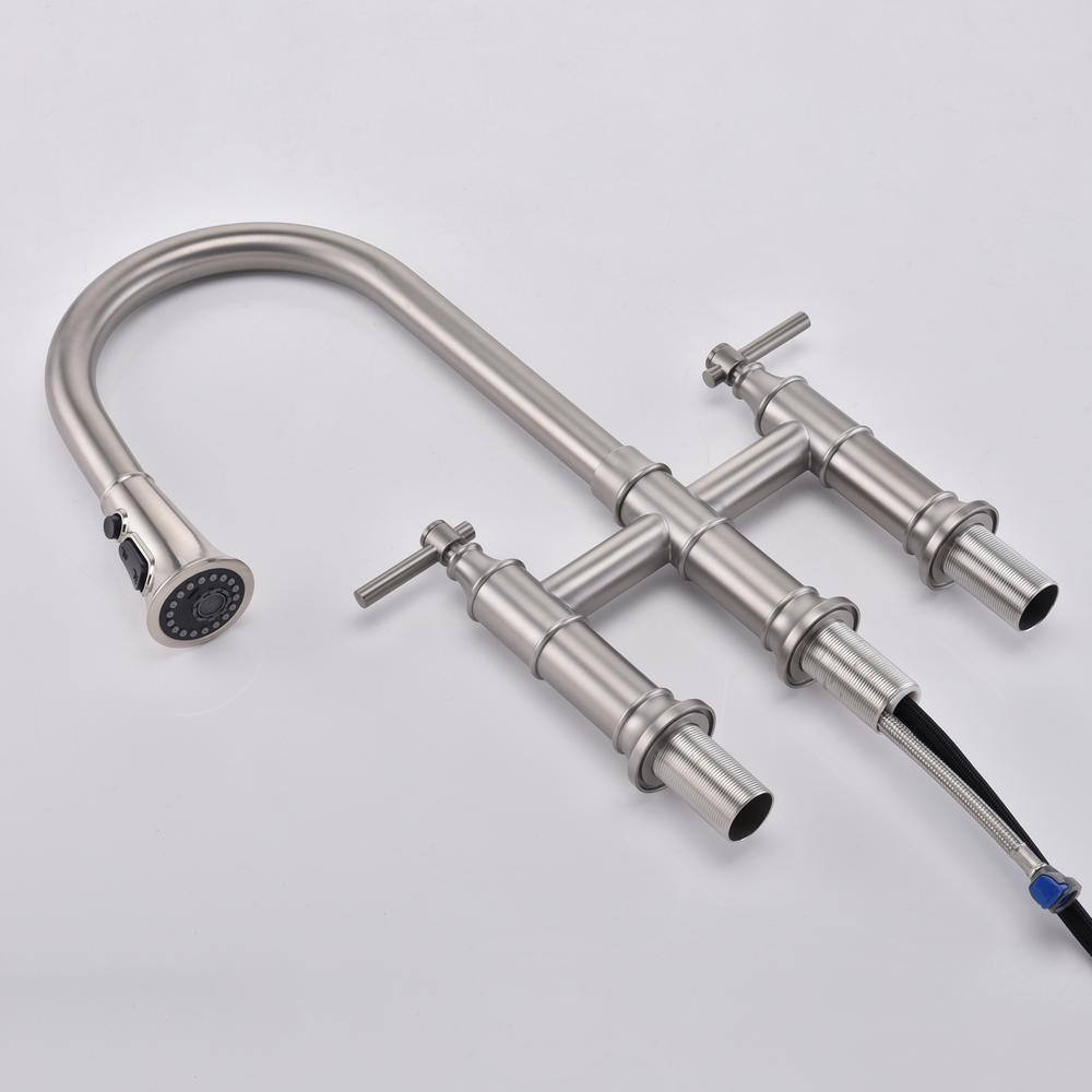 Brushed Nickel Double Handle Bridge Kitchen Faucet with Pull-out Spray