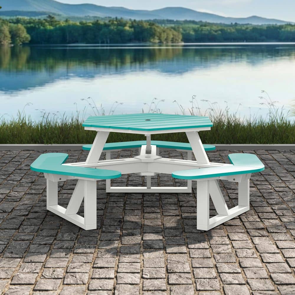 Shoreline 74 in. White / Seaglass Blue Hexagon HDPE Plastic Picnic Table Seats 6 People with Umbrella Hole price history on PriceWatchPro