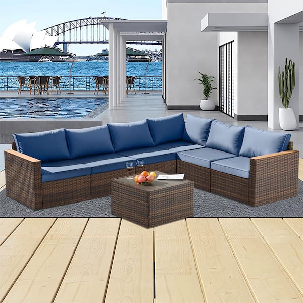 Runesay 7-Piece Wicker Outdoor Sectional Sofa Set Patio Conversation Set with Blue Cushions Outdoor Patio Furniture