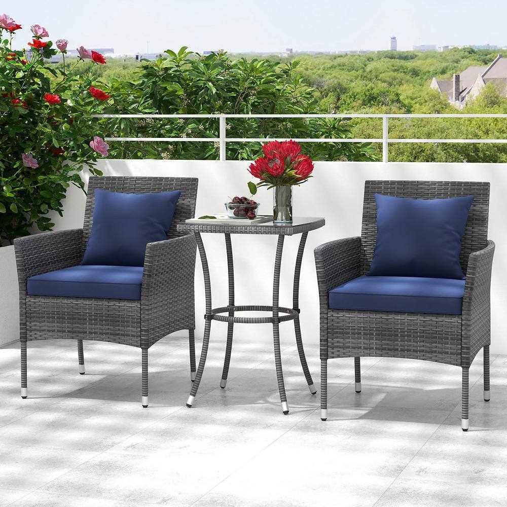 3-Piece PE Wicker Patio Conversation Set Bistro Set w/A Tempered Glass Table Navy Cushions price history on PriceWatchPro