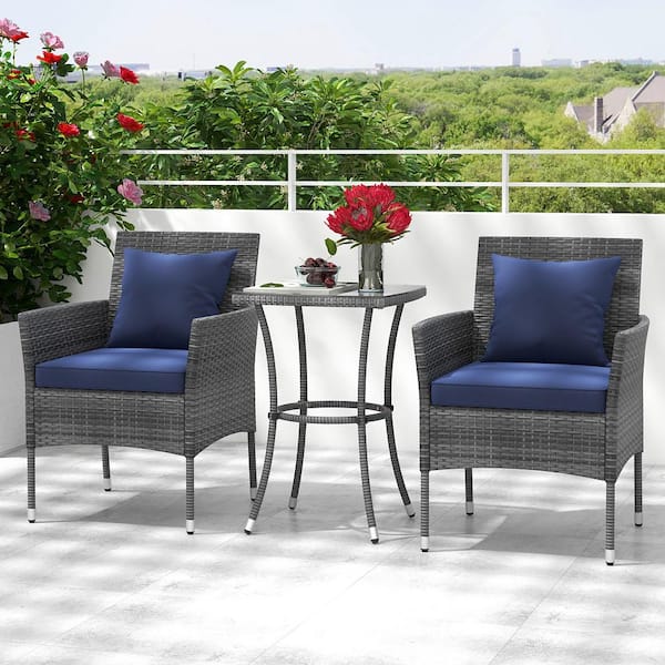 Gymax 3-Piece PE Wicker Patio Conversation Set Bistro Set w/A Tempered Glass Table Navy Cushions