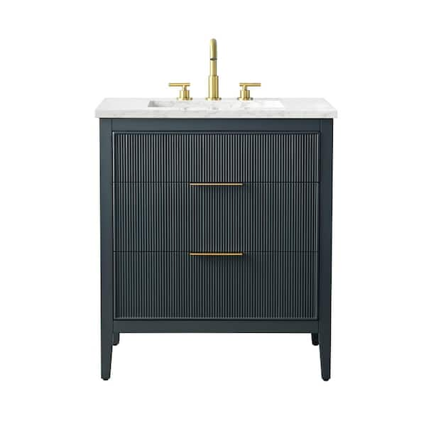 Emma 30 in. W Bath Vanity in Vintage Blue with Engineered Stone Top in Arabescato with White Sink