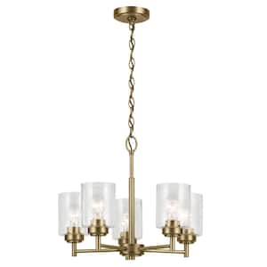 Winslow 19.75 in. 5-Light Natural Brass Contemporary Shaded Cylinder Chandelier for Dining Room