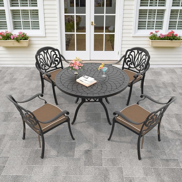 Willit Elizabeth Black 5-Piece Cast Aluminum Outdoor Dining Set with Round Table, Dining Chairs and Random Color Seat Cushion