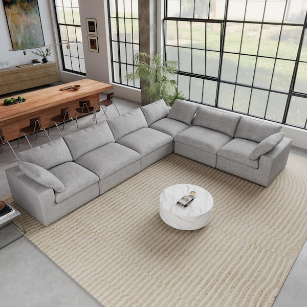 157.3 in. W Square Arm 6-Piece Linen Modular Down Feather Free Combination Living Room Sectional Sofa 10-Seat in Gray