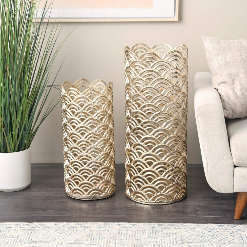 Litton Lane Gold Art Deco Inspired Aluminum Geometric Decorative Vase with Arch Designs (Set of 2)