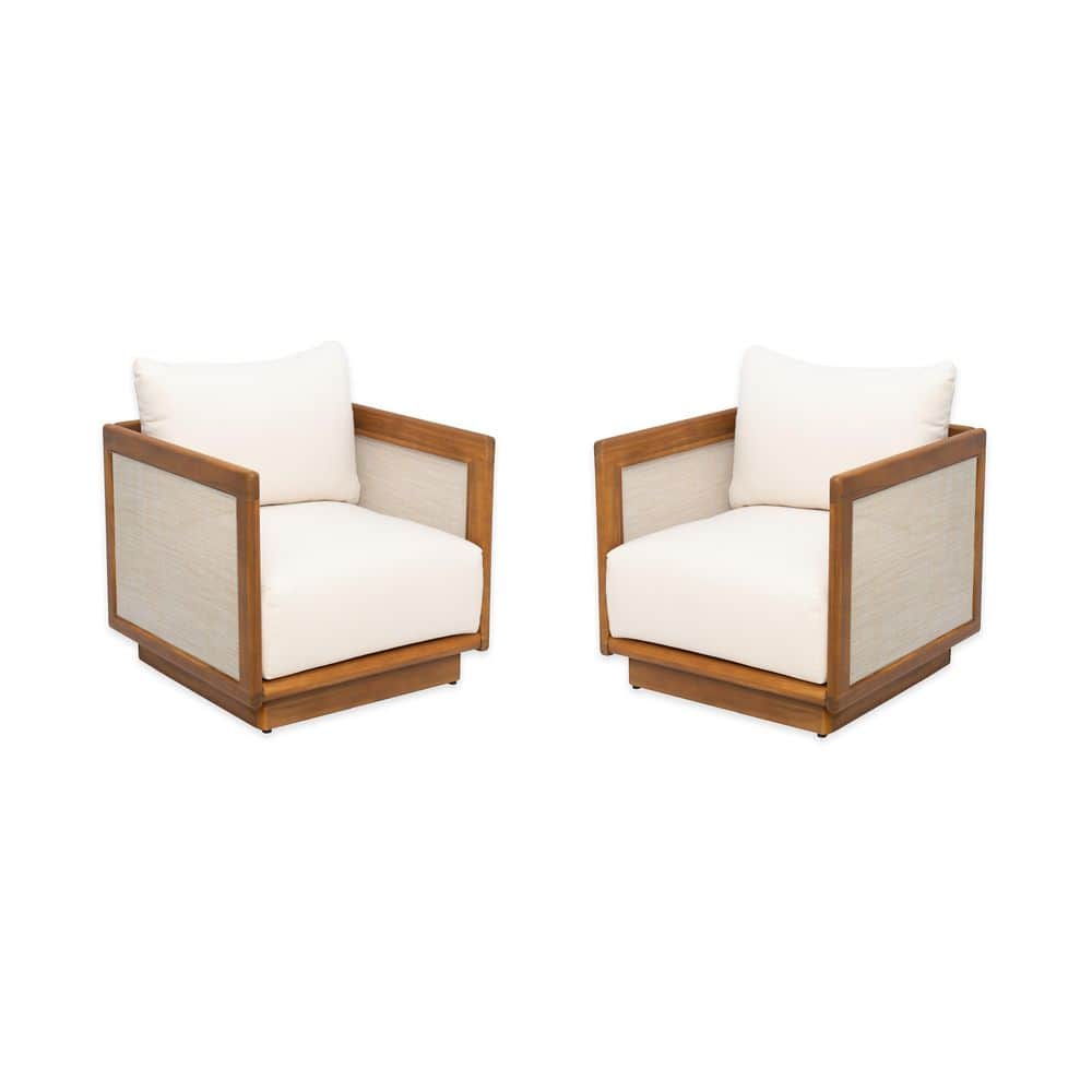 Suzanne Patio Teak Finish Solid Wood Deep Seating Outdoor Lounge Chair with Beige Cushions, Woven Textilene Sides,2-Pack