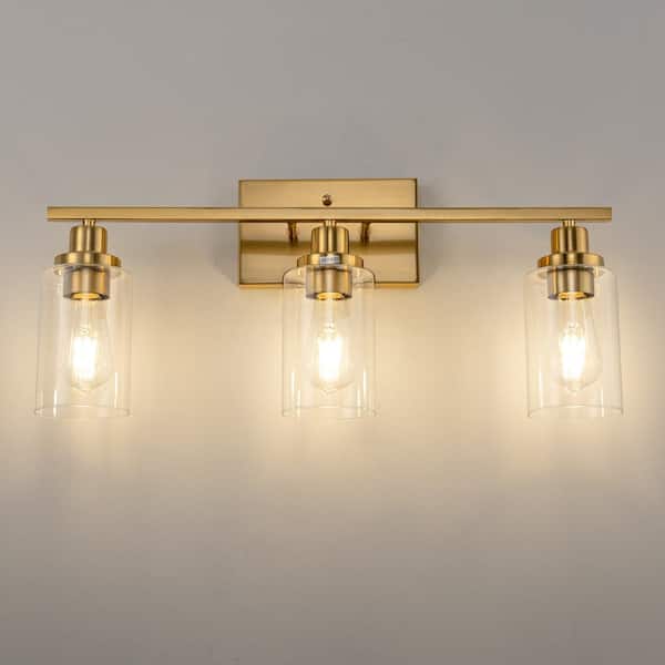24 in. 3-Light Gold Vanity Light, Modern Bathroom Light Fixtures with Frosted Glass Shades