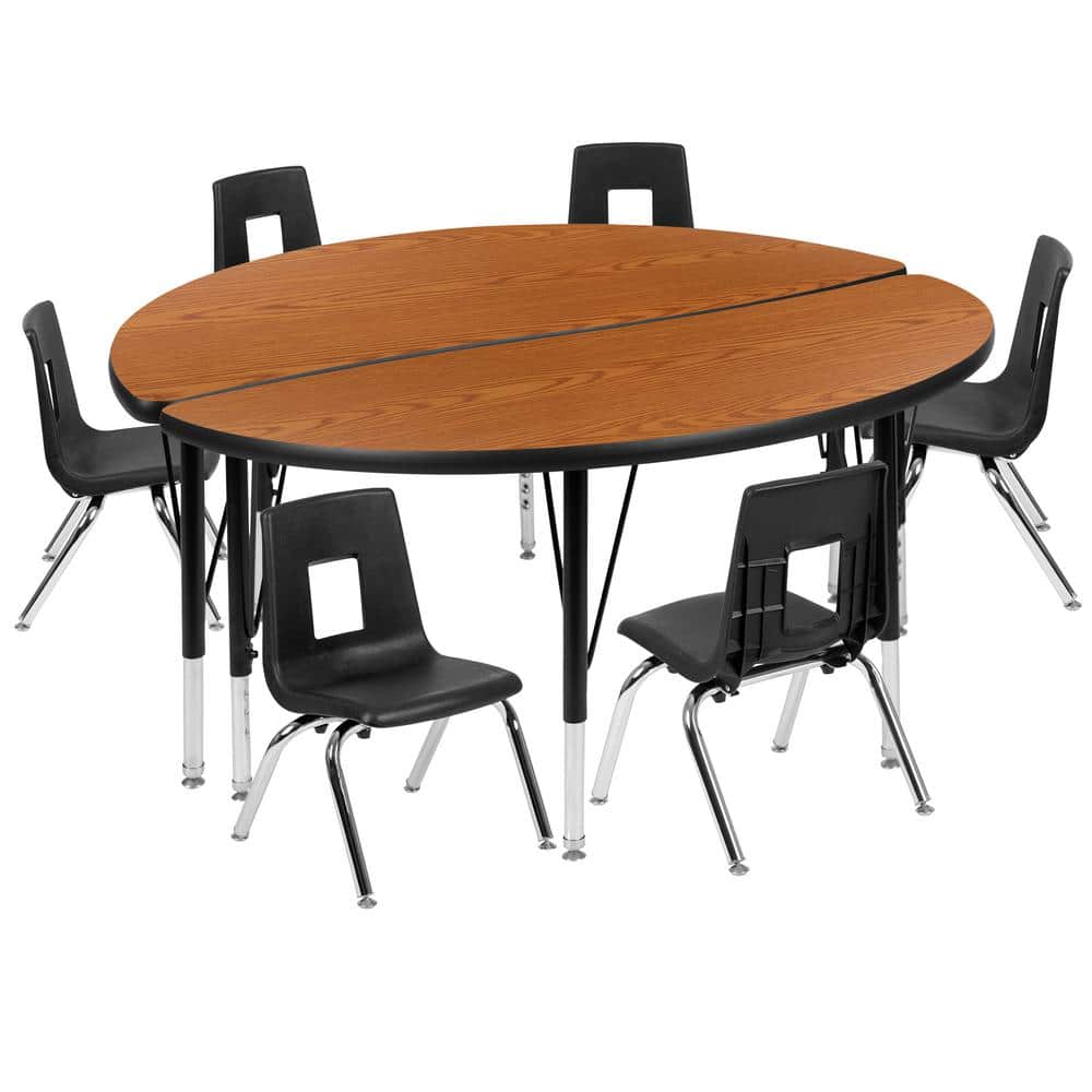 47.5 in. Circle Wave Collaborative Laminate Activity Table Set with 14 in. Student Stack Chairs, Oak/Black