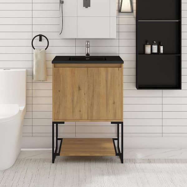 JimsMaison Allen 24 in. W x 19 in. D x 34 in. H Freestanding Bath Vanity in Oak with Black Cultured Mable Top