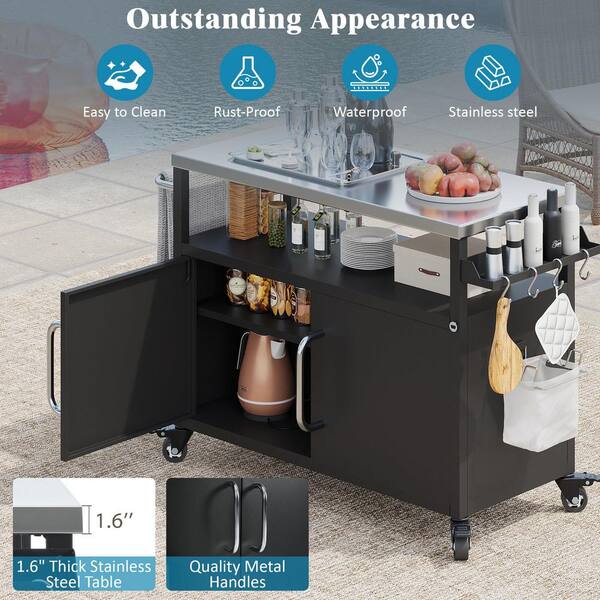 Outdoor Grill Table Cart With Stainless Steel Top - 54.5" Rolling Kitchen Island, Lockable Wheels, Storage Cabinet (Black)