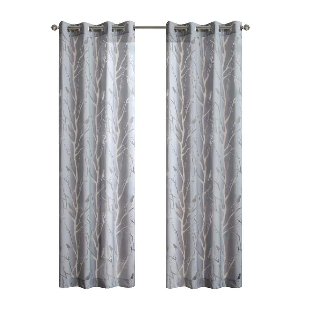 Silver Sheer Bird Design Grommet Window Curtain Panel