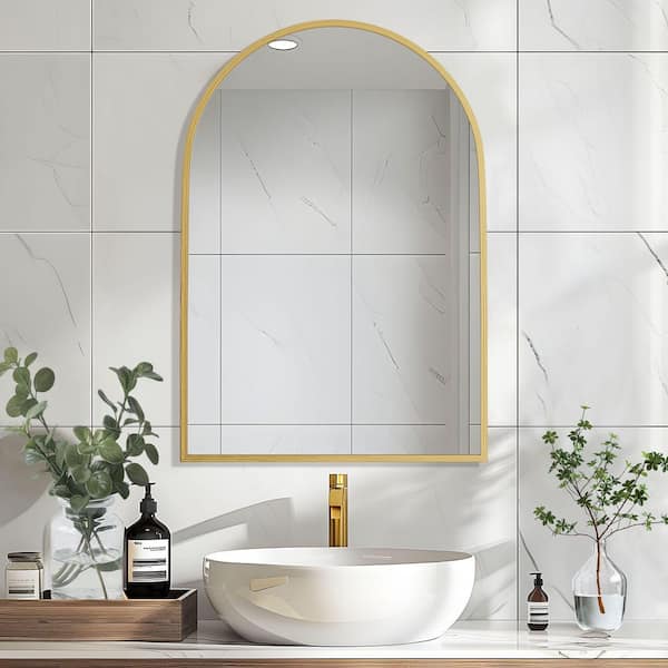 WELLFOR 26 in. W x 38 in. H Arched Aluminum Alloy Framed Wall Bathroom Vanity Mirror in Gold