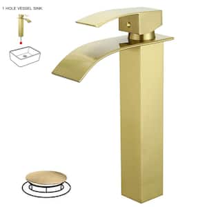 Single Handle Waterfall Vessel Sink Faucet With Metal Drain Single Hole Modern Bathroom in Brushed Gold