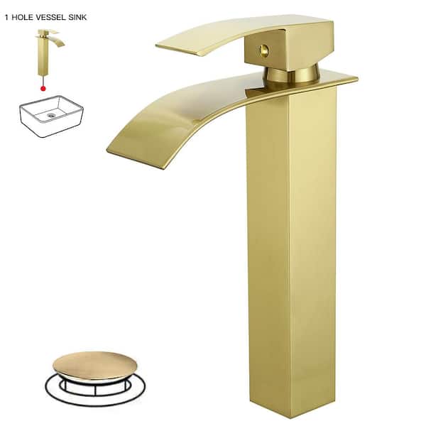 Single Handle Vessel Sink Faucet with Drain Kit Included in Brushed Gold
