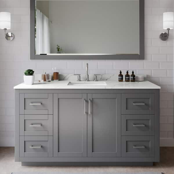 Wyndham Collection Miranda 60 in. W x 22 in. D x 33.75 in. H Single Bath Vanity in Dark Gray with Giotto Quartz Top and 58 in. Mirror