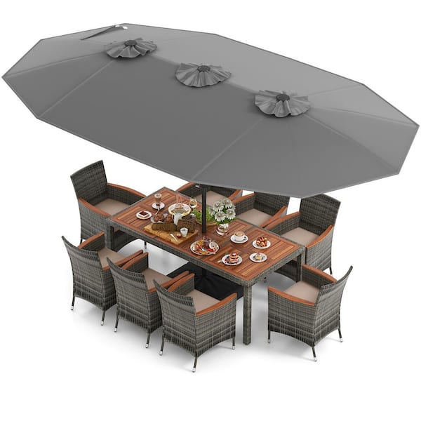 ANGELES HOME 10-Piece Patio Wicker Outdoor Dining Set with Gray 15 ft. Double-Sided Patio Umbrella, Beige Cushions