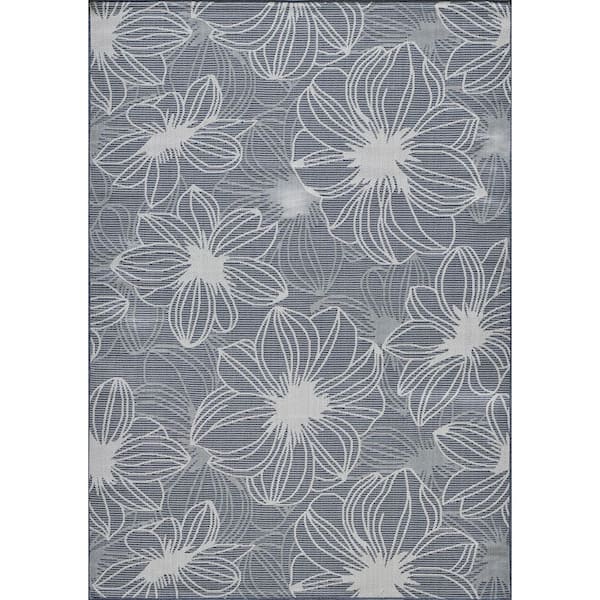 LOOMAKNOTI Breyleigh Cerimia Blue 6 ft. 7 in. x 9 ft. 2 in. Floral Polypropylene Indoor/Outdoor Area Rug