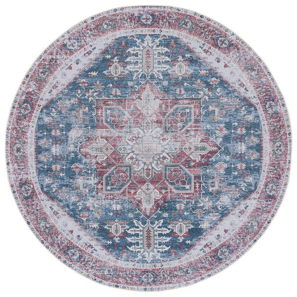 SAFAVIEH Tuscon Navy/Red 6 ft. x 6 ft. Machine Washable Border Distressed Round Area Rug