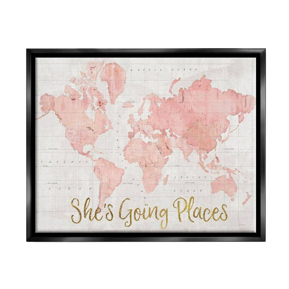 The Stupell Home Decor Collection She's Going Places Quote Pink Watercolor World Map by Sue Schlabach Floater Frame Travel Wall Art Print 17 in. x 21 in., Beige