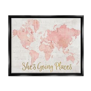 She's Going Places Quote Pink Watercolor World Map by Sue Schlabach Floater Frame Travel Wall Art Print 17 in. x 21 in.