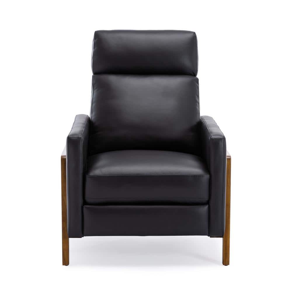 Reed Black Leather and Wood Push Back Recliner
