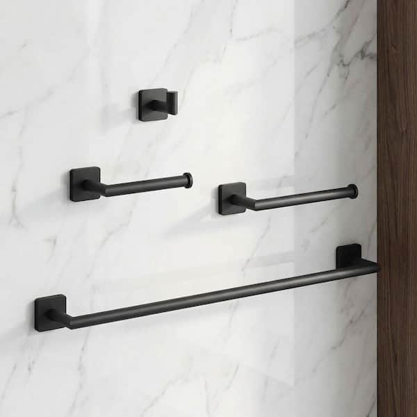 Satro 4-Piece Bath Hardware Set with 24 in. Towel Bar, Toilet Paper Holder, Hand Towel Holder, Hook in Matte Black