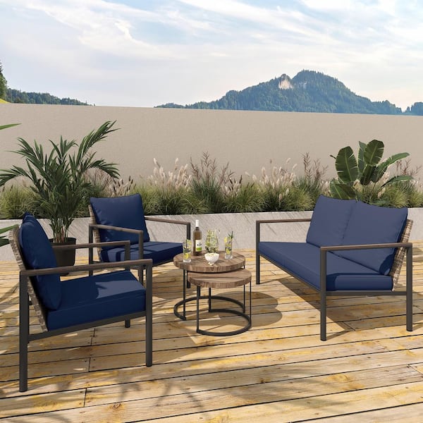 INMITOM 4-Piece Outdoor Wicker Patio Conversation Set with Blue Cushions, Seats 4, Includes Coffee Table