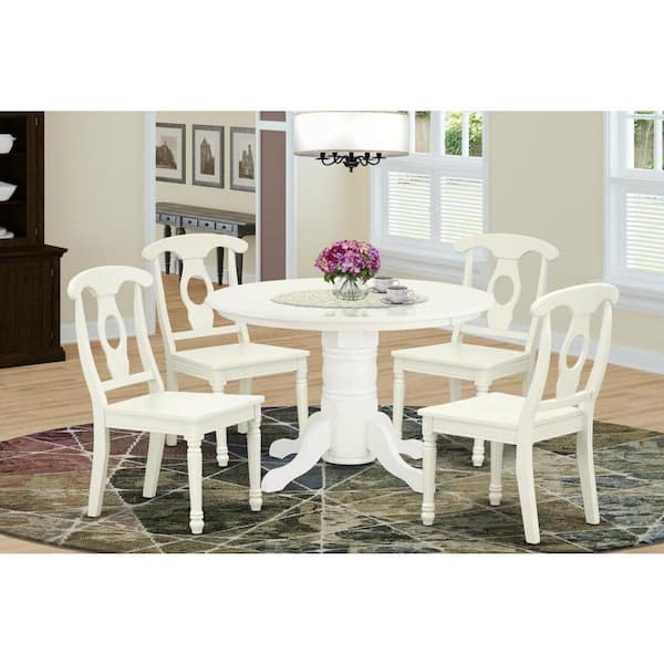 East West Furniture 5-Piece Round Linen White Finish Solid Wood Top Dining table with 4 Chairs with Lattice Back