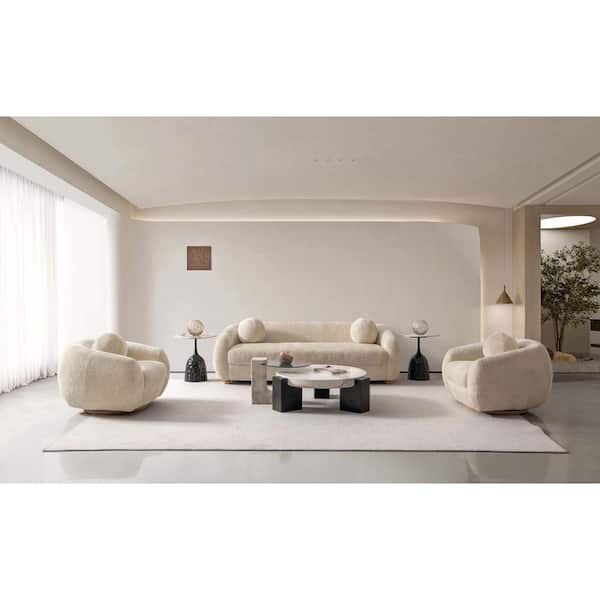 Manhattan Comfort Tribeca 3-Piece Modern Glam Cream Chenille Upholstered Sofa and Accent Chair Living Room Set