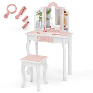 2-Piece MDF Top Pink Kids Vanity Set Toddler Makeup Table and Stool with Tri-folding Mirror Drawer