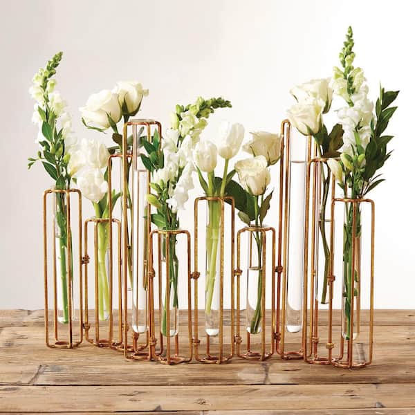 Two's Company 13 in. High Lavoisier Antiqued Gold Metal/Glass Hinged Flower Vases (Set of 10)