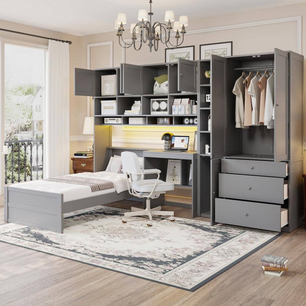 Gray Wooden Twin Size Platform Bed with Desk, Wardrobe, Cabinets, Drawers and Shelves price history on PriceWatchPro