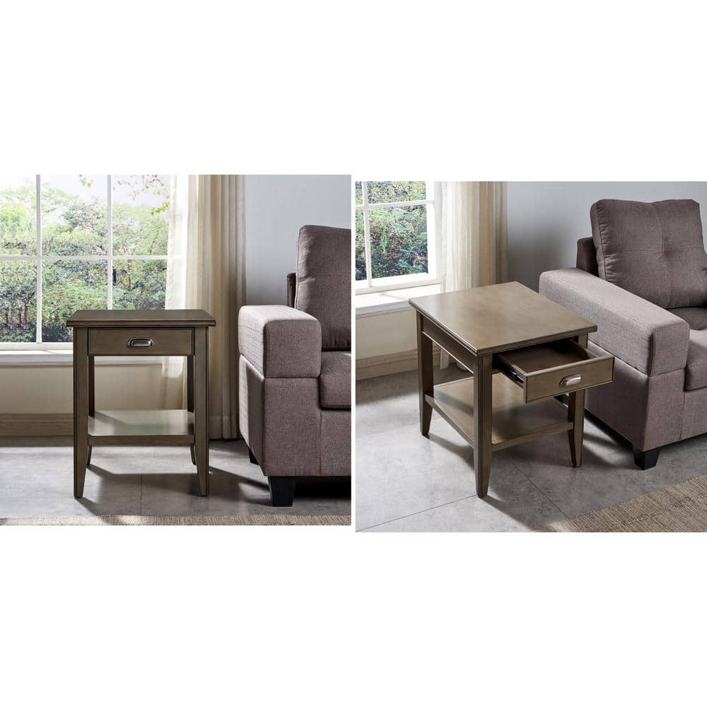 Laurent Smoke Gray Solid Wood End Table with Drawer and Shelf