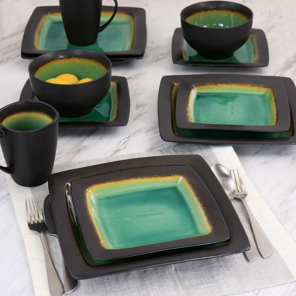 Green Floral Ceramic Square Dinnerware Set, Service for 4