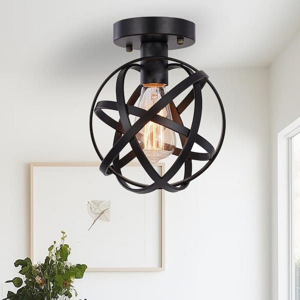 Black Spherical Ceiling Light Fixture, Vintage Semi-Flush Mount Ceiling Light for Hallway Stairway Porch Bedroom Kitchen