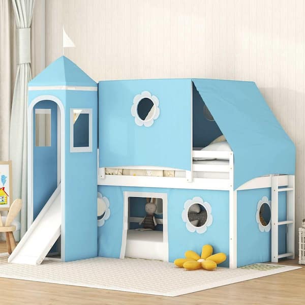 Twin Size Bunk Bed with Slide Blue Tent and Tower - Blue