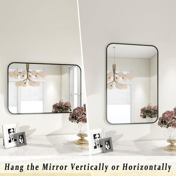 30 in. W x 39 in. H Rectangular Modern Aluminum Alloy Framed Rounded Black Wall Mirror