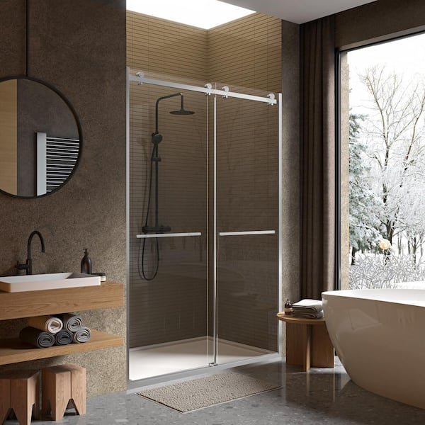 Fab Glass and Mirror Portofino Frameless Double Sliding Shower Door 44 in. - 48 in. W x 74 in. H Clear Tempered Glass with 3/8 in. Thickness