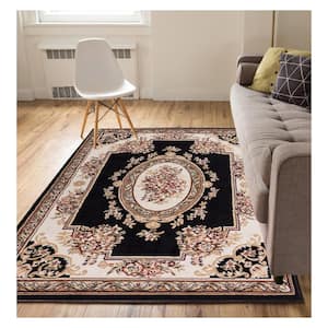 Miami Medallion Centre Traditional French Aubsson Black 8 ft. x 10 ft. Area Rug